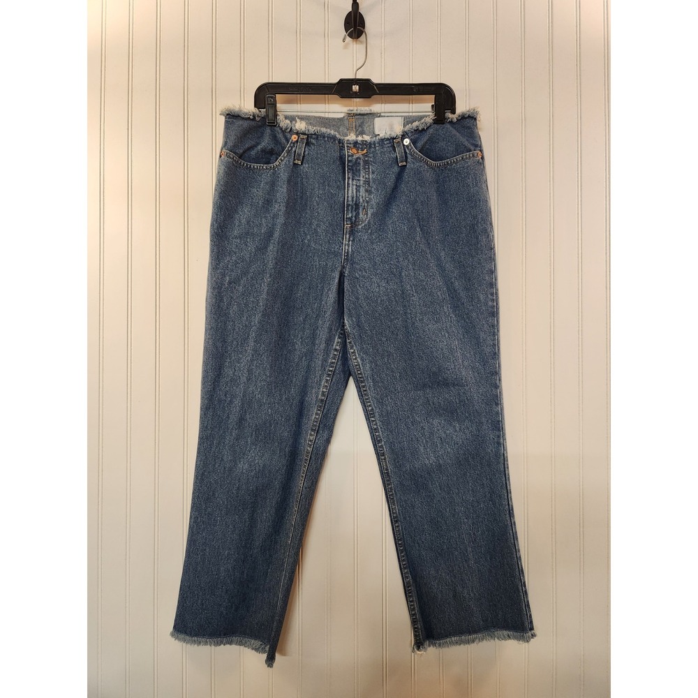 Soft Surroundings Women 14 Straight Leg Cropped Jeans Blue Raw Fringe Trim 38x26